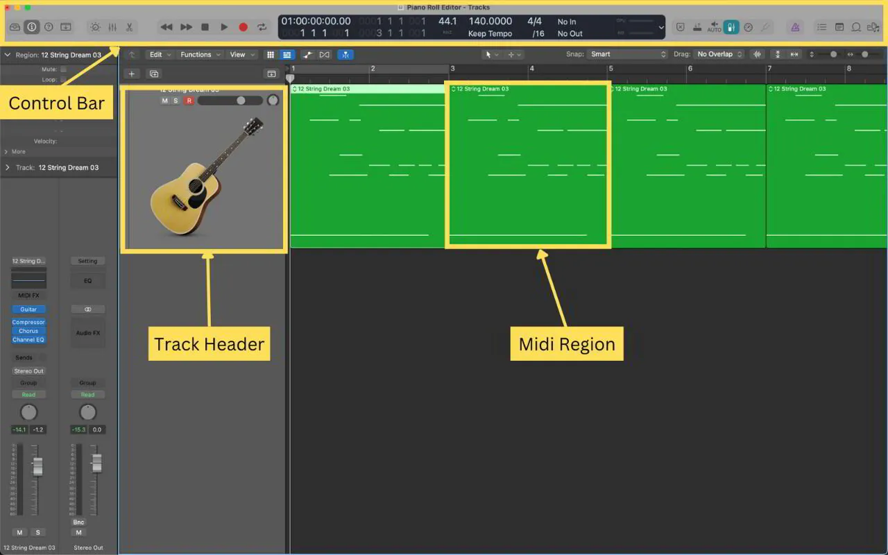 An image highlighting the control bar, track header and midi region inside Logic Pro X