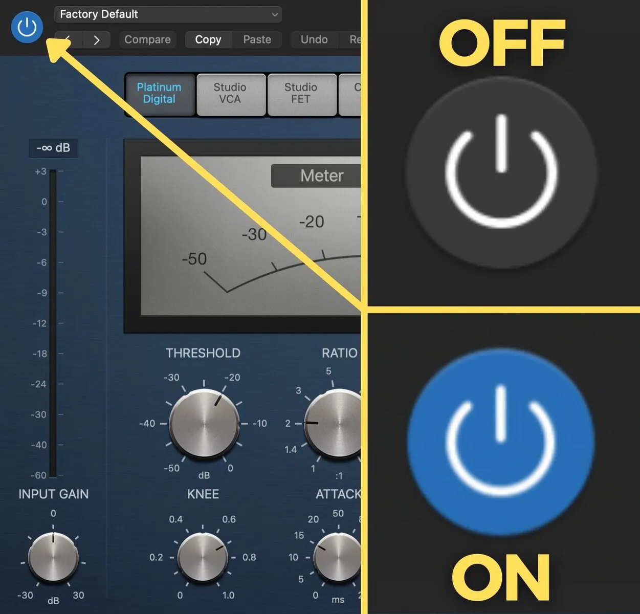 An image highlighting the bypass on and off button inside Logic Pro X Compressor