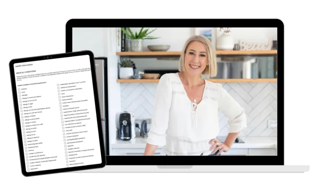 Picture of Hayley Stathis on a Metabolic Balance Diet intake telehealth call on a laptop with an ipad showing the online health assessment form