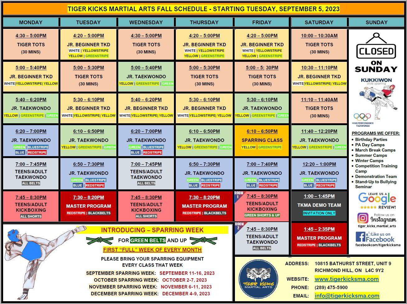 Schedule Tiger Kicks Martial Arts Taekwondo and Kickboxing Training