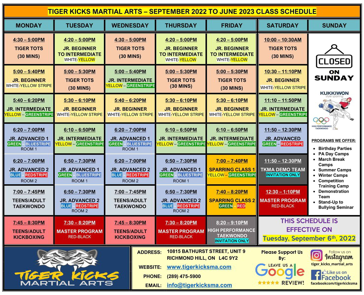 Schedule Tiger Kicks Martial Arts Taekwondo and Kickboxing Training