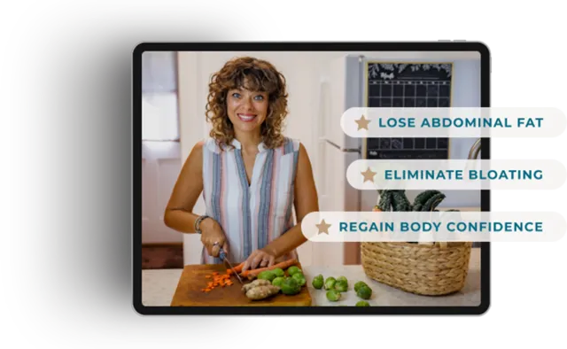 Woman smiling and chopping vegetables in a kitchen with a health-related list on a screen.