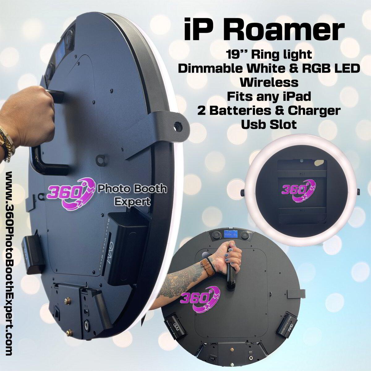 Handheld iPad Photo Booth with 19" Ring Light Custom Faceplate Roamer