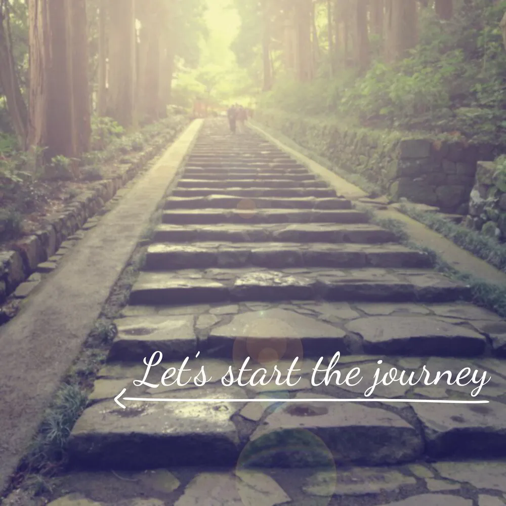 Stone steps on a pathway through the forest with the words 'Let's start the journey'