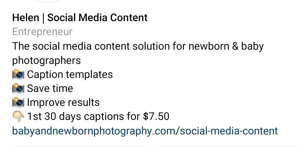 screen shot of an instagram bio of a social media manager