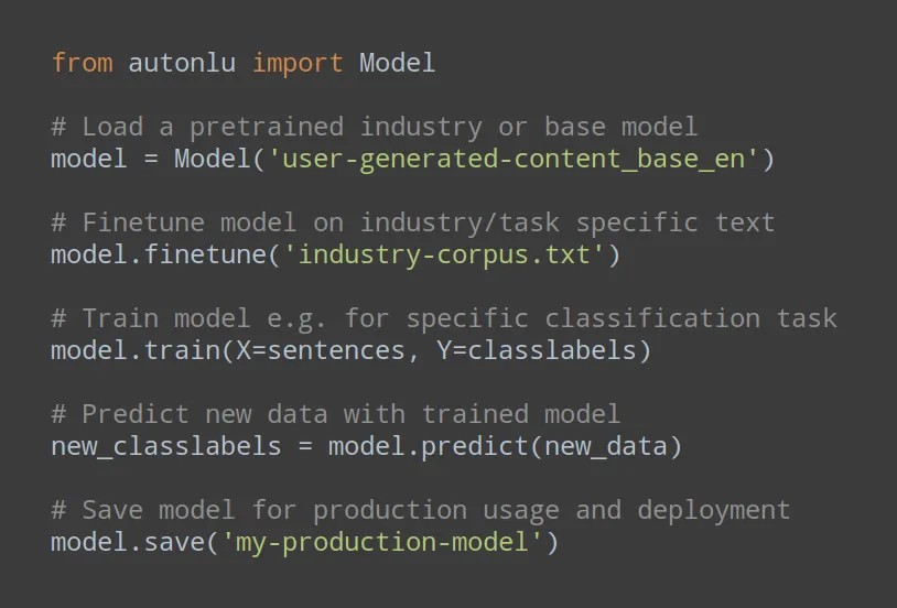 AutoNLU code example - Train model in five lines of code