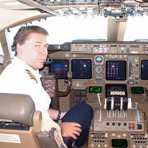 Captain Jeremy Burfoot on the 747-400 flightdeck