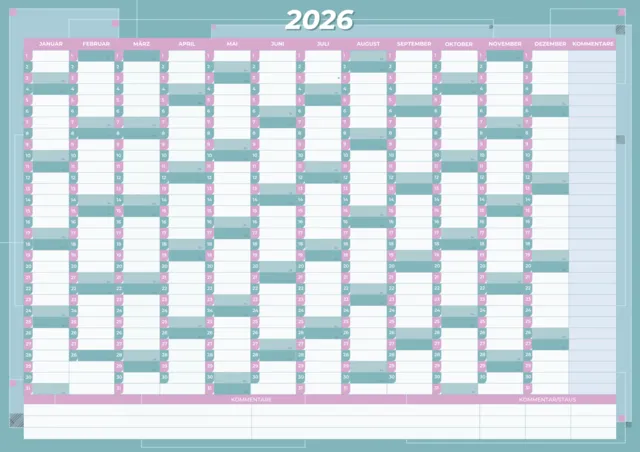 Jahresplaner 2026 kostenlos | PDF Wandkalender A3–A1
