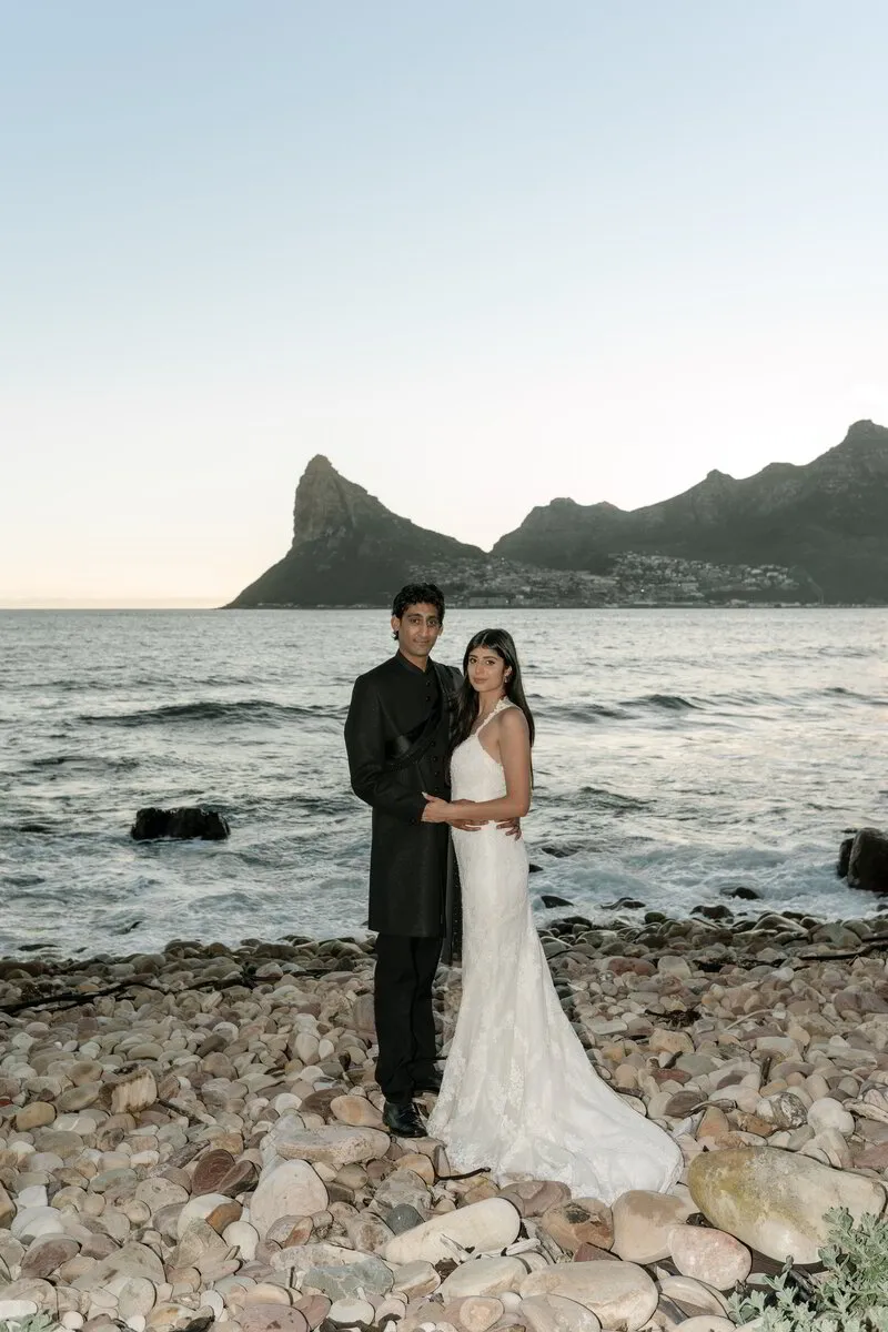 Golden sunset wedding embrace