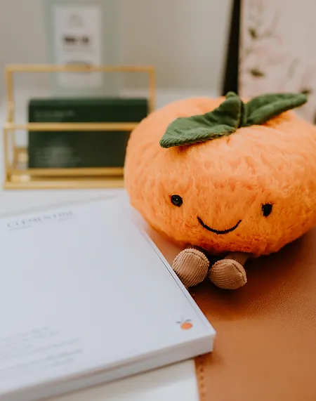 A plush toy resembling a smiling orange with a leaf on top, resting on a desk next to books.