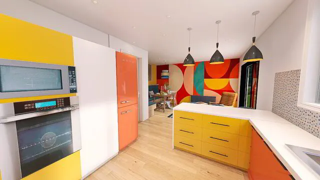 Vibrant, bold colour kitchen with mural