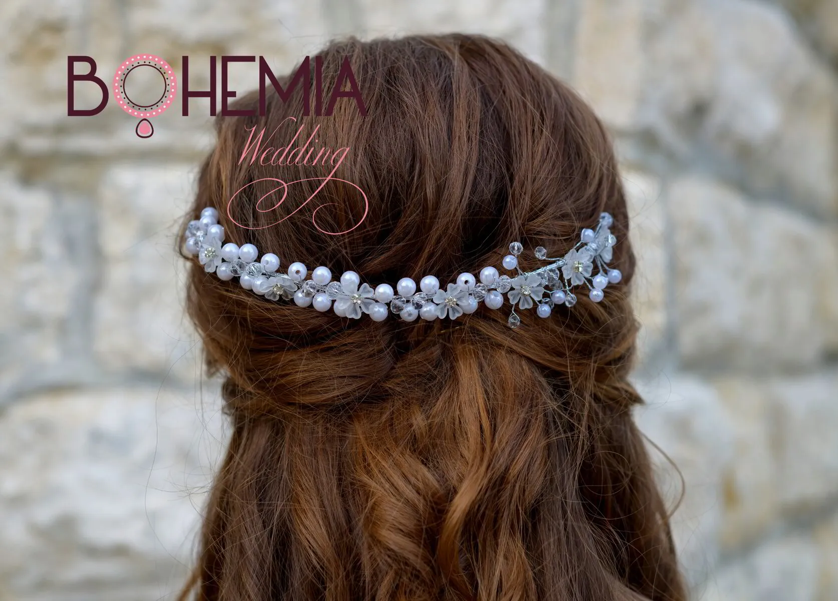 Луксозен гъвкав аксесоар за коса и прически с перли и бели кристали LIZZY