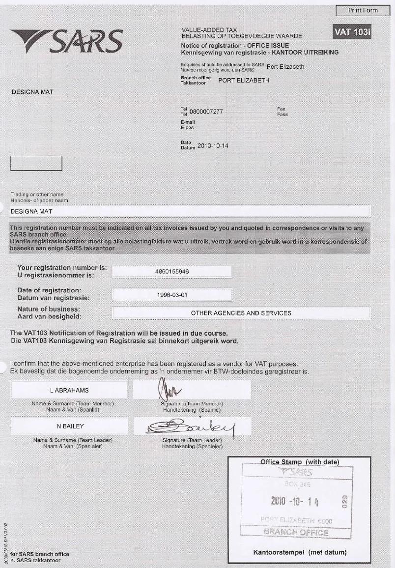 Designa Mat South Africa Vat Certificate designa-mat-south-africa-vat-certificate