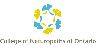 Logo of the College of Naturopaths of Ontario featuring a circular pattern of blue and yellow leaves.