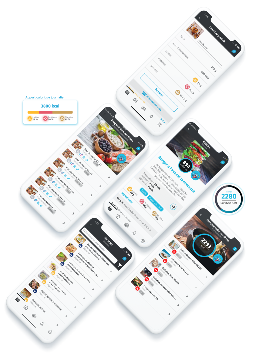 ecrans de smartphones avec recettes et plans alimentaires INITHY