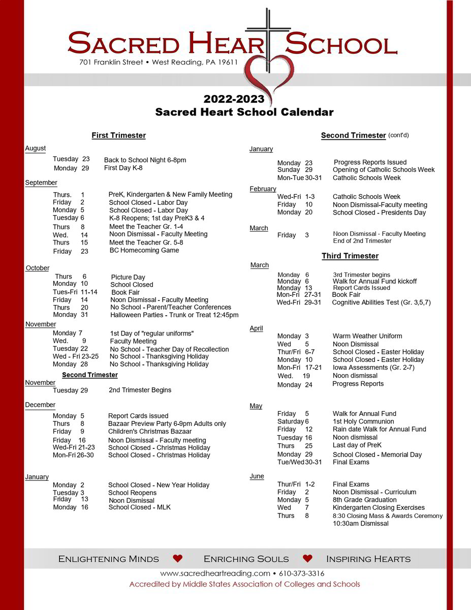 Sacred Heart Model School Calendar 24-25