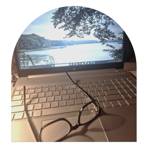 dator, laptop, glasögon, bakgrundsbild, sjö, träd, mindfulness, arbete