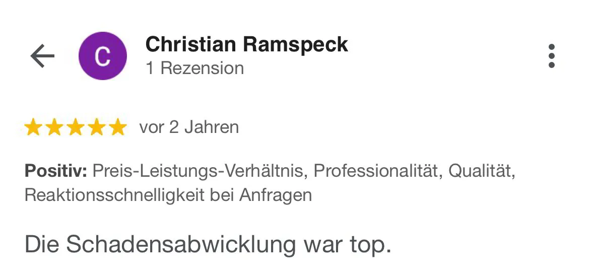 5-Sterne-Bewertung auf Google für Bastian Zink Versicherungsmakler mit dem Kommentar 'Die Schadensabwicklung war top.