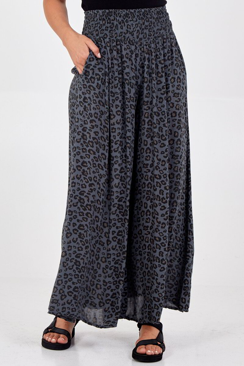 Leopard Print Ruched Waist Wide Leg 