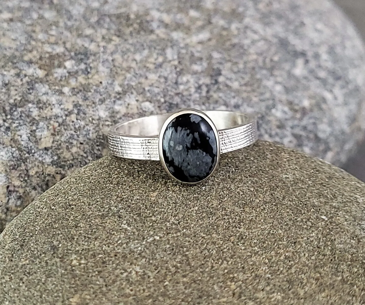 snowflake obsidian and silver ring