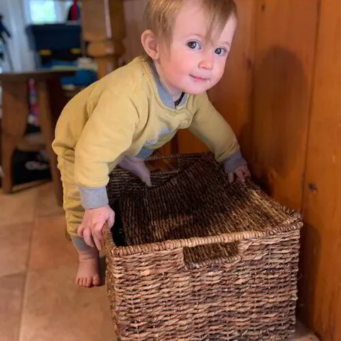 baby entering a wicker basket