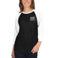 3/4 Sleeve Raglan Unisex TShirt - Front Embroidered Logo, White Sleeves, Black Front and Back