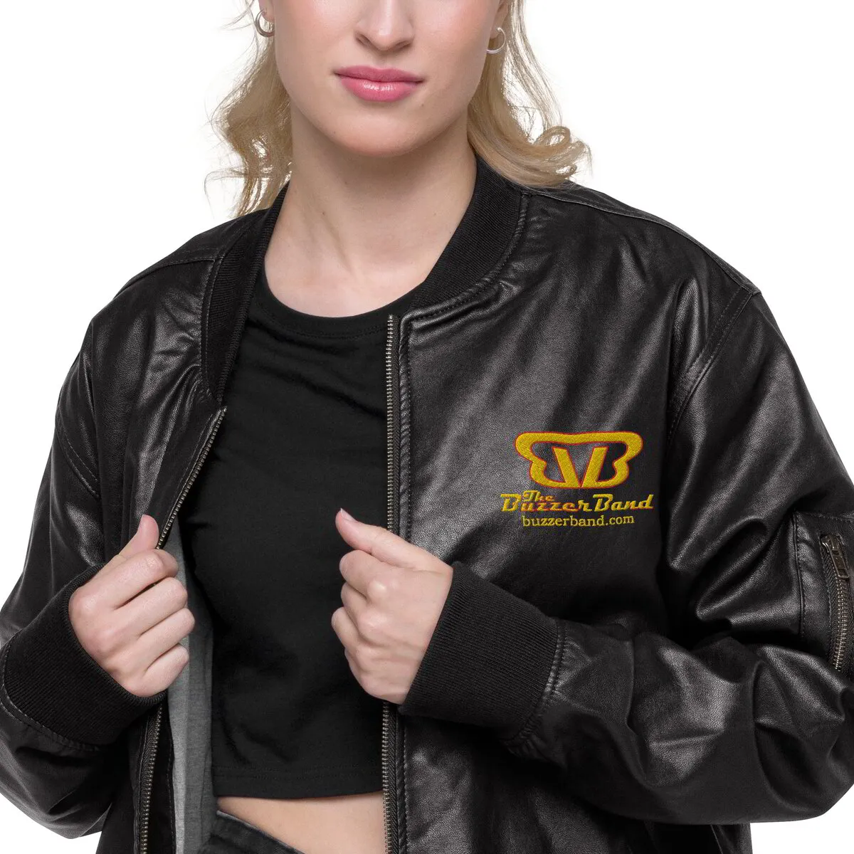 Unisex Faux Leather Bomber/Tour Jacket - Embroidered Golden Buzzer