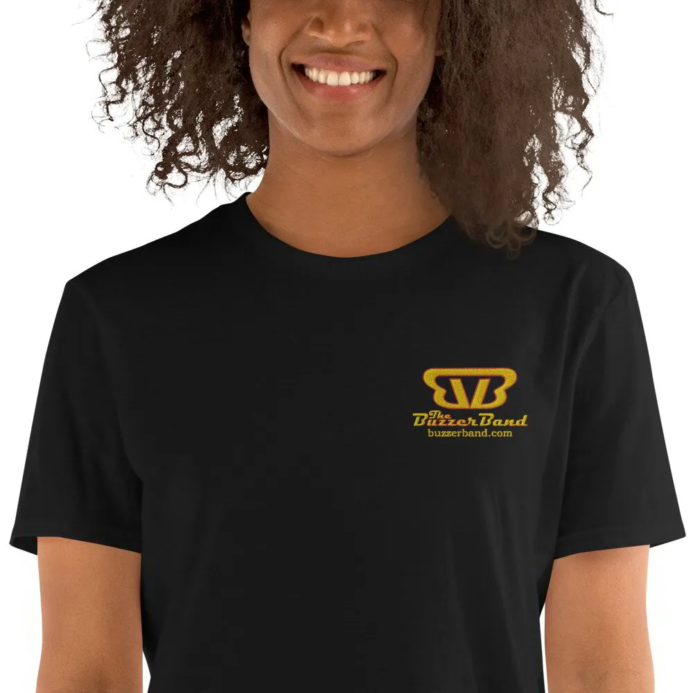 Buzzer Band Logo Unisex Basic Softstyle T-Shirt - Embroidered Left Side Front, Printed Back