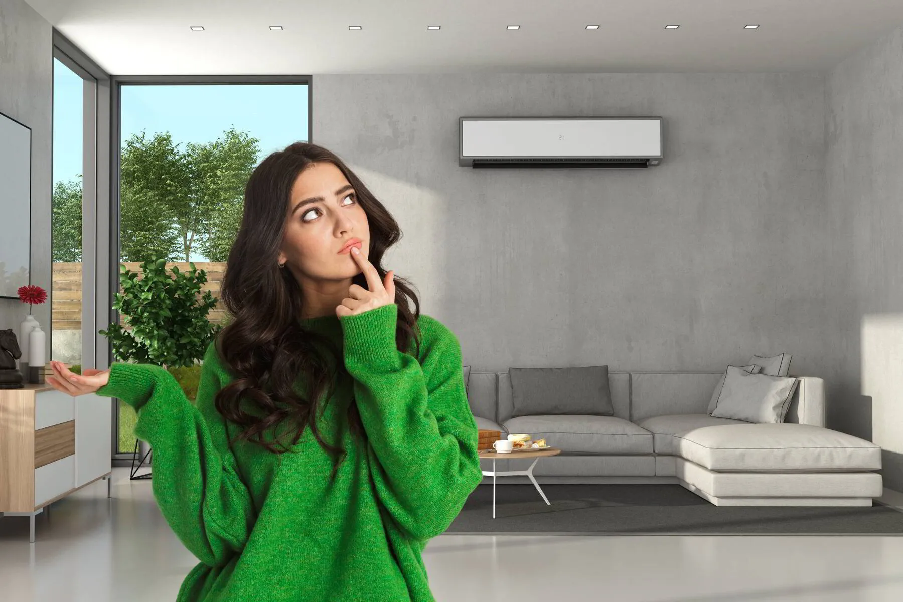 Woman thinking about her mini split air conditioner