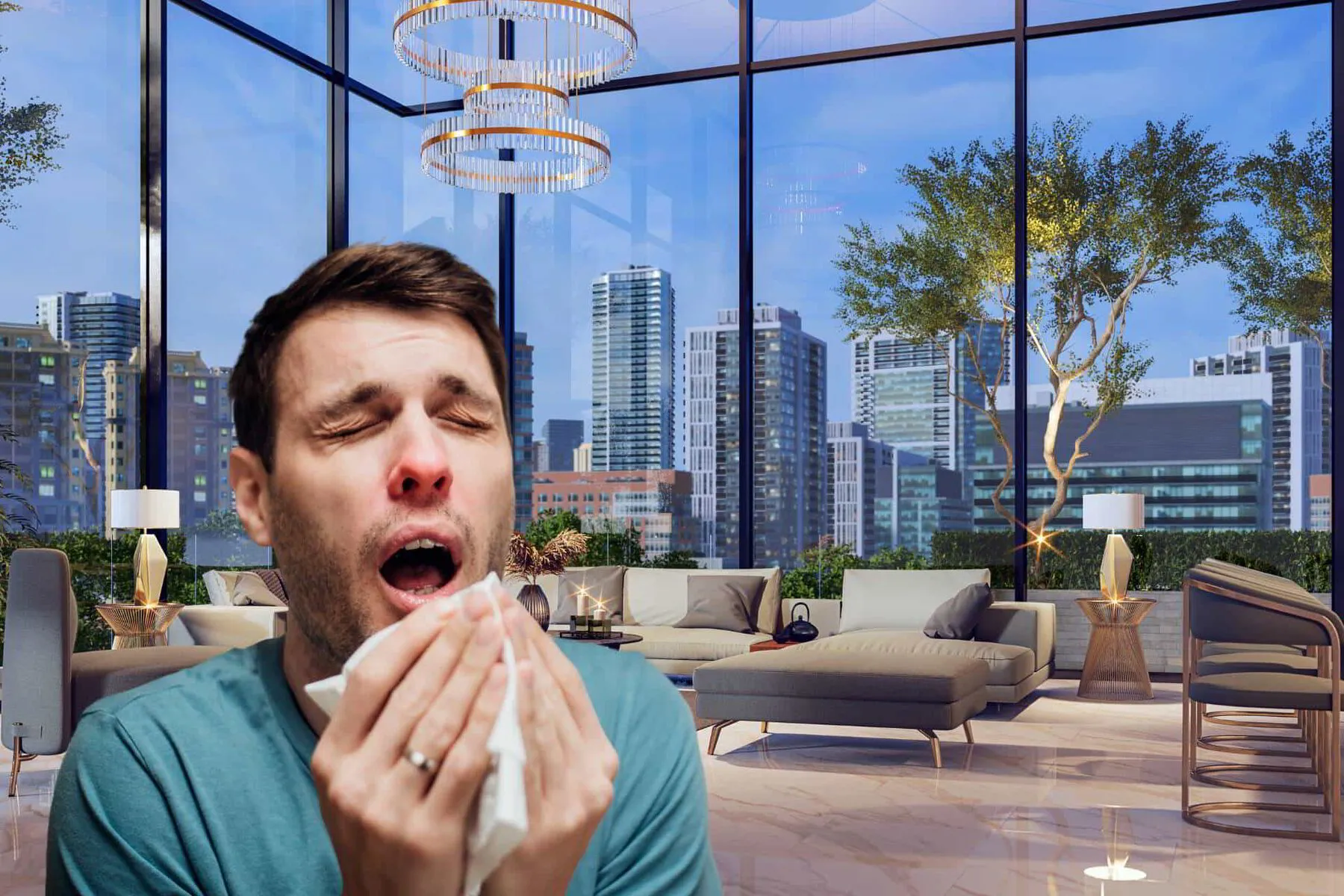 man sneezing in his modern apartment from poor IAQ