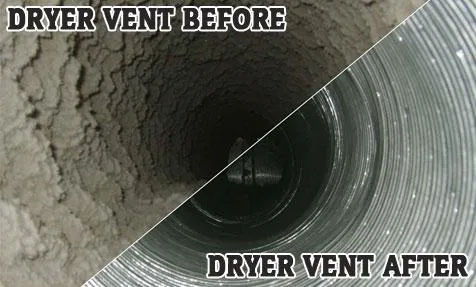 A before and after photo of a dryer vent cleaning