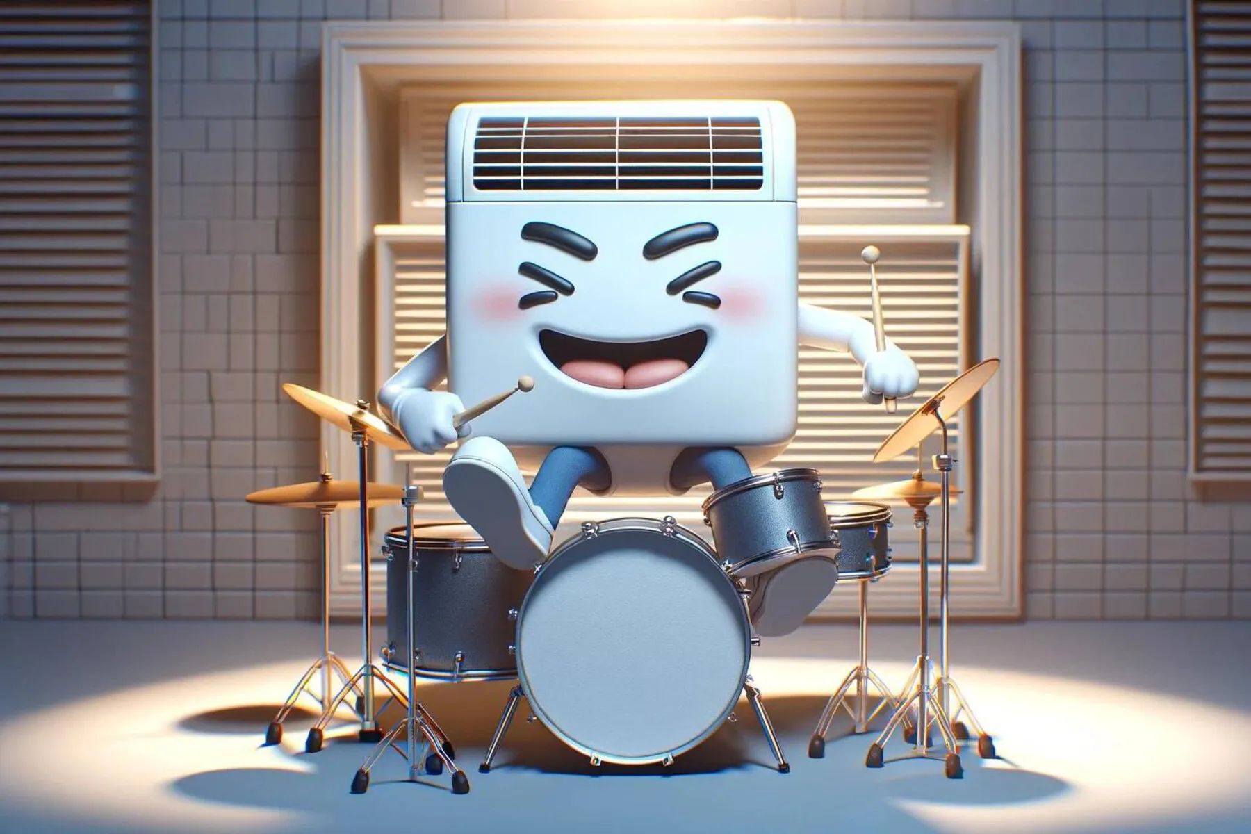 Cartoon AC unit playing the drums making a ton of noise