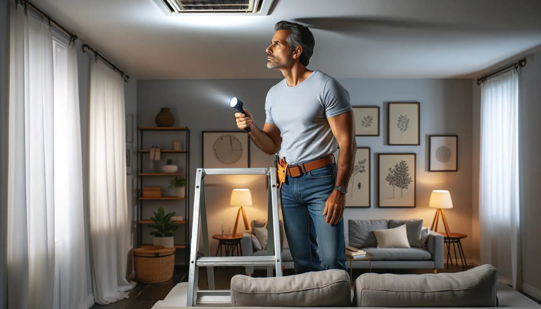 homeowner inspecting an HVAC vent in a well-lit modern living room