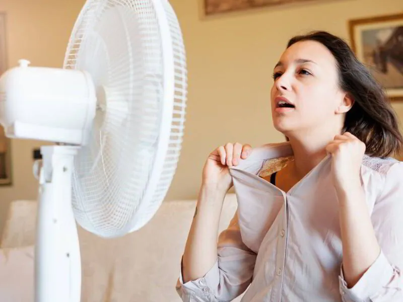 woman cooling herself in front of a desk fan