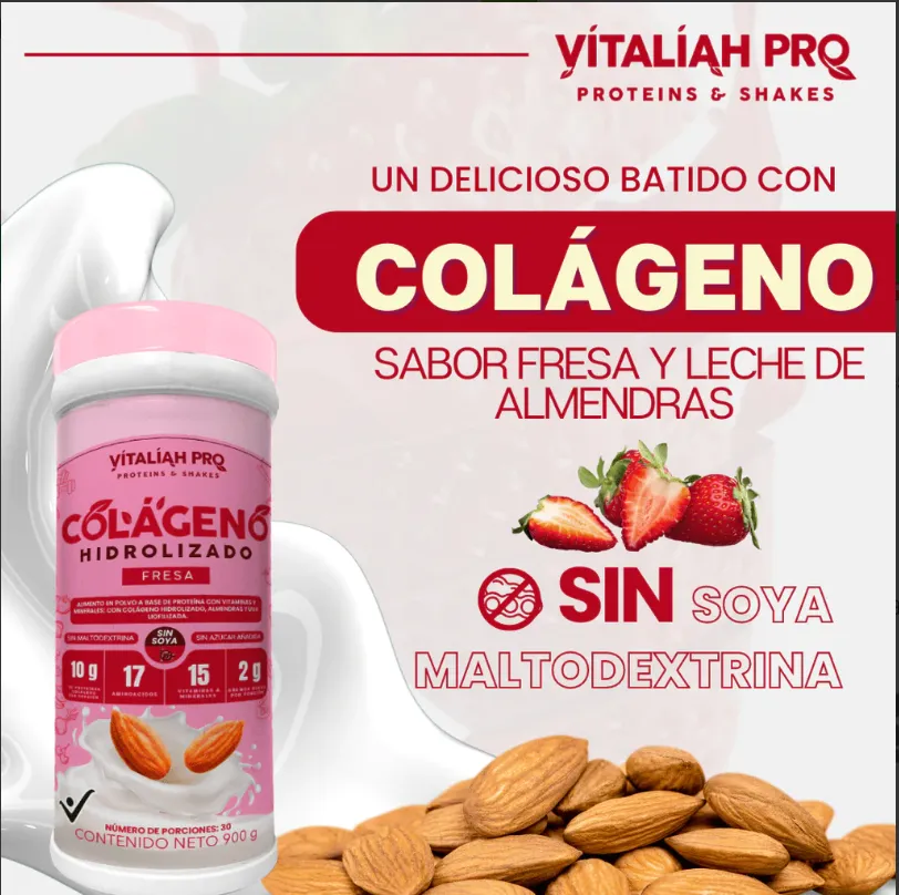 Colágeno de fresa con leche de Almendras 900 G Vitaliah Pro - 