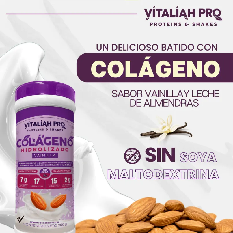 Colágeno hidrolizado sabor vainilla con leche de almendras 900G Vitaliah Pro. - 