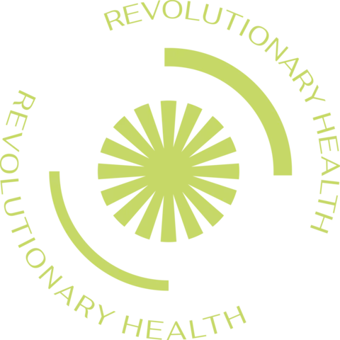 Logo of Revolutionary Health with a stylized sun and circular patterns in green on a transparent background.