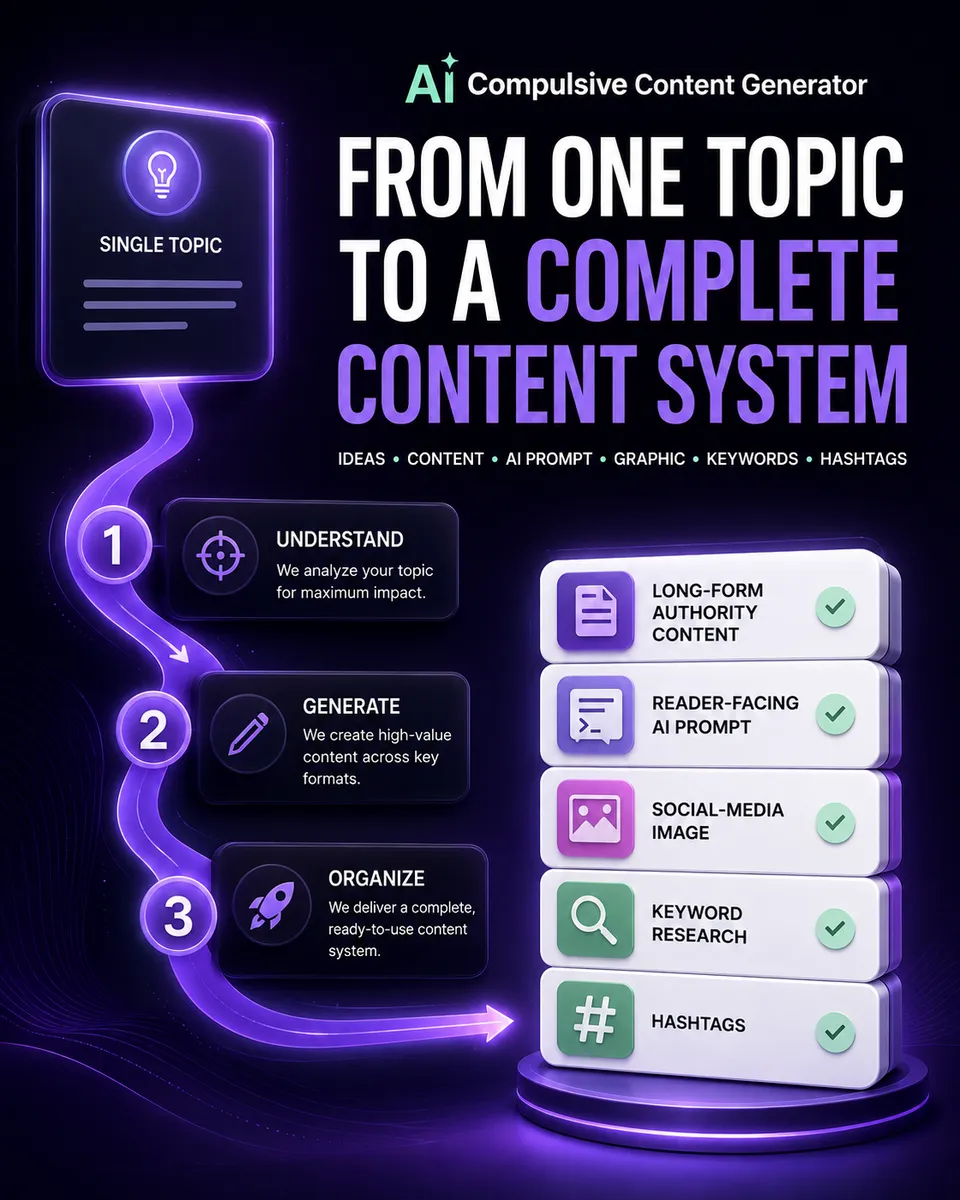 From one topic to a complete content system: article, reader prompt, graphic, keywords and hashtags
