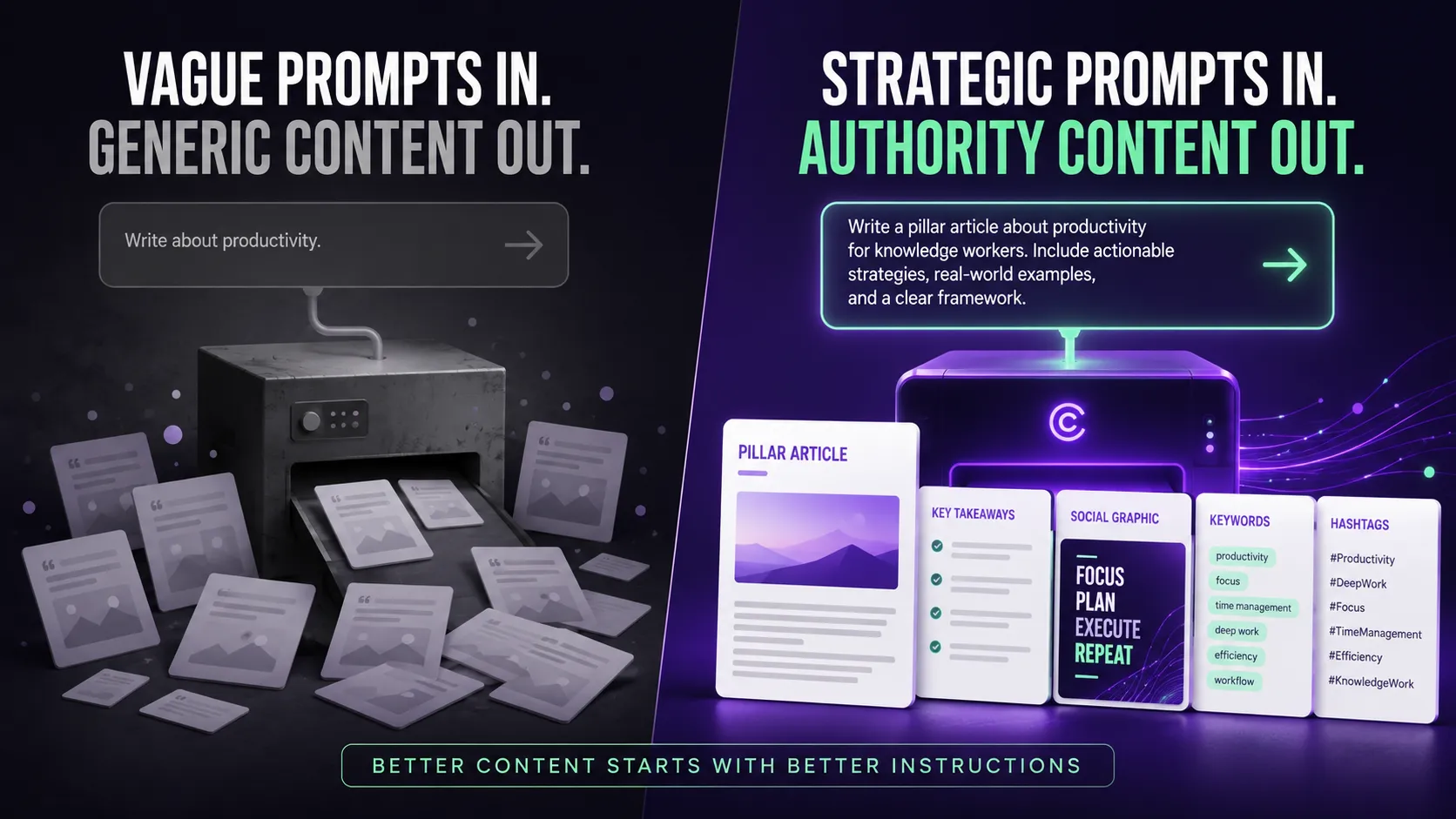 Vague prompts give generic content, while strategic prompts give authority content