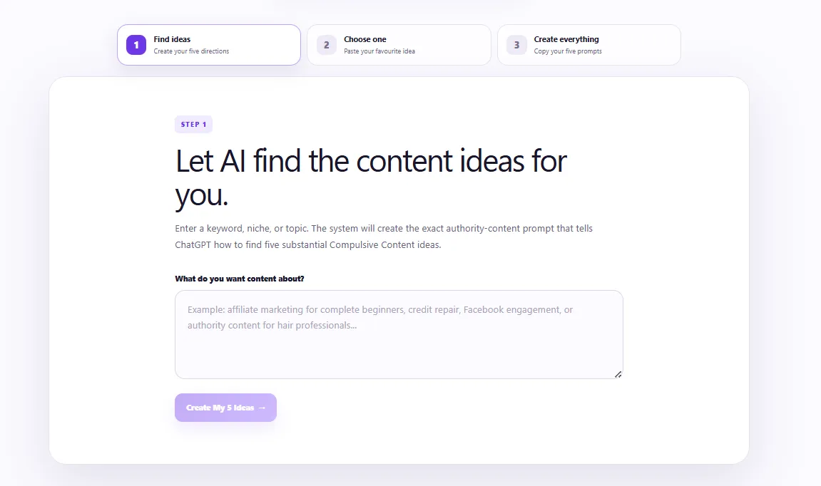Step 1: enter your topic and get five content ideas