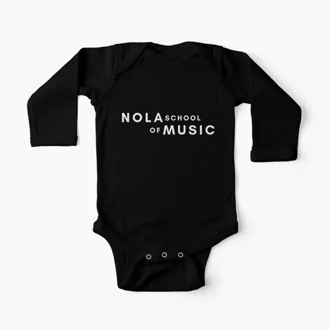 A black baby one-piece with the NOLA School of Music logo