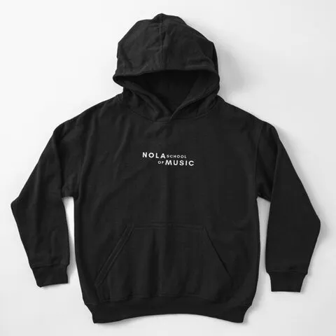 A child sized black hoodie with the NOLA School of Music logo