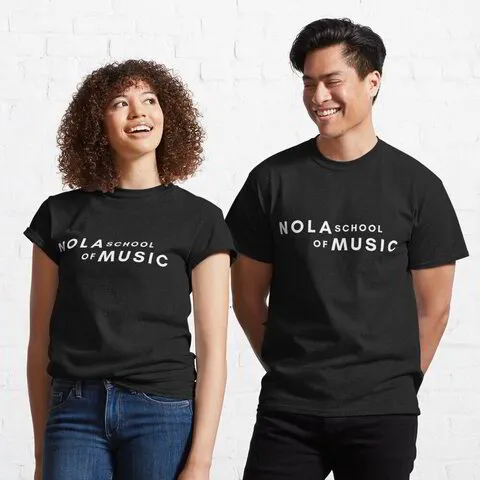 A man and a woman modeling the NOLA School of Music classic t-shirt in black