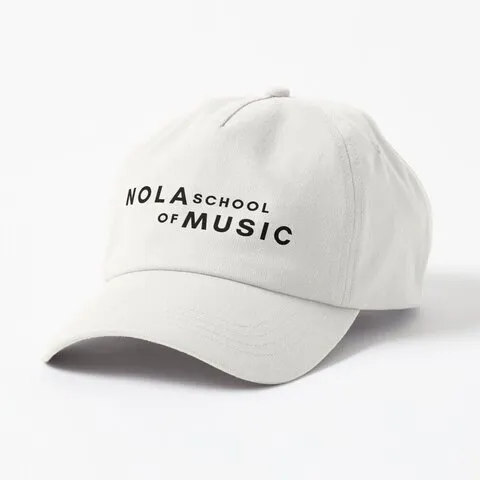 White baseball cap with a black NOLA School of Music logo