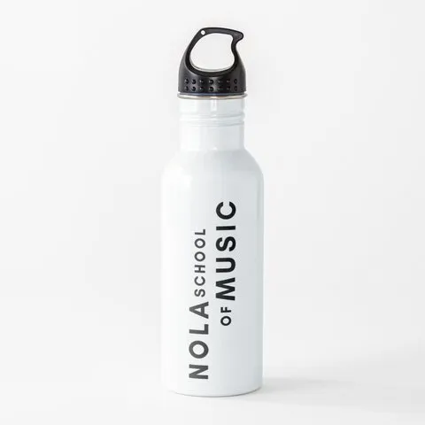 A white aluminum water bottle with the NOLA School of Music logo