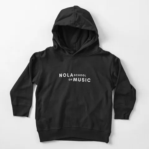 A black toddler-sized hoodie with NOLA School of Music logo