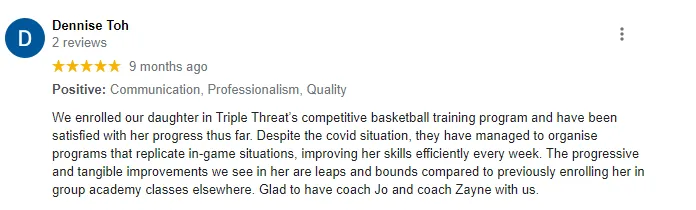 Dennise Toh - Review for Kids Basketball Lessons