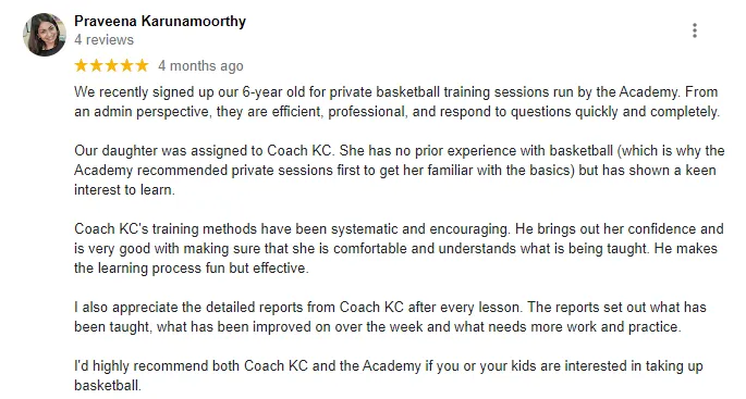 Praveena Karunamoorthy - Review for Kids Basketball Lessons