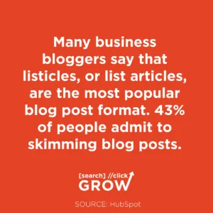 how to structure a blog post - Many business bloggers say that listicles, or list articles, are the most popular blog post format. 43% of people admit to skimming blog posts.