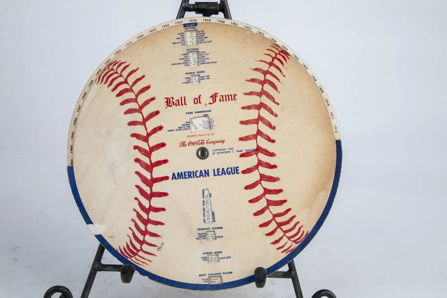  (SOLD) Coca-Cola Ball of Fame. Baseball, 1960. 8 3/4in.